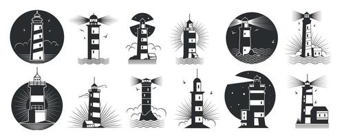 Black lighthouse labels. Symbol lighthouse silhouettes for navigation, sea and beach tourism label, lighthouse abstract symbols. Vector isolated set