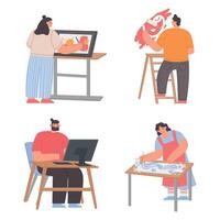 Art painters. Woman painting with paintbrush and palette, female and male characters graphic designers using desktop computer vector