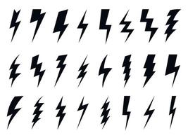 Black lightning bolt. Abstract electrical energy lightning strike symbol, power thunderstorm arrow in flat style, lightning silhouette emblem. Vector isolated set