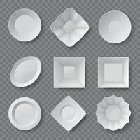 Realistic food plates. Empty white round and square dishes and bowls. Ceramic plate top view 3d mockups. Clean kitchen tableware vector set