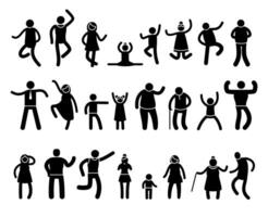 Stick people poses. Black silhouettes of stickman characters in different action and posture, yoga and simple postures. Vector isolated set