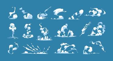 vapor nubes colocar. dibujos animados azul niebla y vapor sendero para niños juego, aire fluir y viento efecto para ui diseño. vector aislado colección
