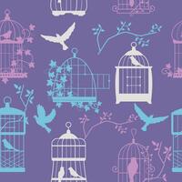 Bird cage pattern. Seamless print of ornate wooden bird cages with various animals, nature decorative background for wrapping paper. Vector texture