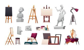 Art studio elements. Cartoon painting tools and workshop equipment, artist drawing tools statues and mockups, creative concept. Vector isolated set