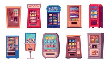 Snack machine. Cartoon vending machine with sweets, soda and coffee, cartoon vending machine with snacks for sale. Vector vending machine set