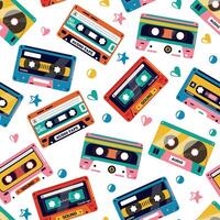 Tape cassette pattern. Seamless print of old outdated tape audio cassette, retro stereo music tape texture for wrapping paper. Vector illustration