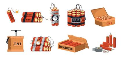 Cartoon dynamite. Military explosive with timer, detonator and fuse, dangerous blasting tool for mining and construction. Vector isolated set