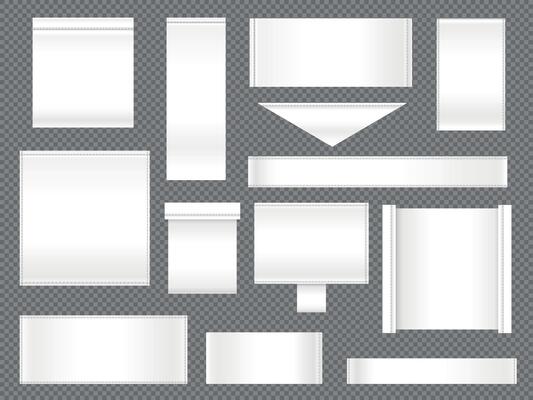 Fabric blank label. Seamless horizontal textile banners with stitches for fashion fabric clothing, empty textile mockup design. Vector mockup