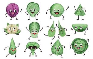 Cartoon cabbage characters. Vegetable faces with different emotions, funny brussels sprouts cabbage and cauliflower faces with emotions. Vector comic characters set