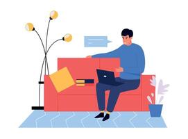 Man working online with laptop. Worker staying home having distant job. Employee sitting on couch communicating vector