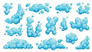 Cartoon soap foam. Soapy bubbles, wet lather and shampoo ball, shower steam effect. Bubbles and foam. Vector isolated set