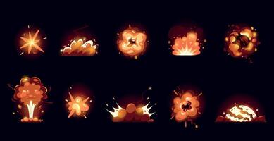 Cartoon explosions. Comic fantasy blast effect with fire and smoke, energy explosive sphere and weapon detonation, UI game asset sprite graphic. Vector isolated set