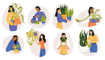 personas jardinería hogar plantas. dibujos animados caracteres cultivar flores en ollas y riego plantas, floral decorativo planta de casa. vector aislado conjunto