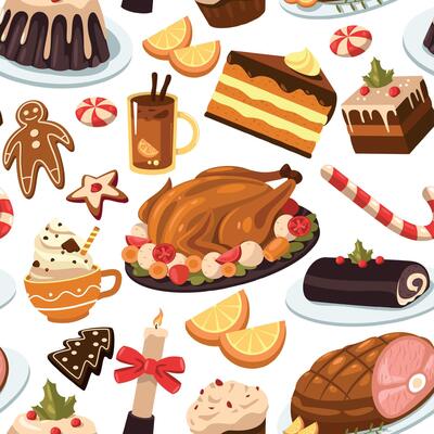 Christmas food pattern. Seamless print of traditional turkey and desserts, happy holiday meal with champagne and cake. Vector texture