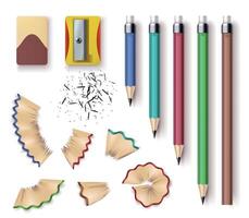 Realistic wooden graphite pencils, sharpener, eraser and shavings. Sharpened pencil sizes, writing and drawing tools. Stationery vector set