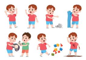 Kids bad behavior. Bully making mess, scream, angry, rips clothes and break vase. Naughty boy fighting over a toy. Problem child vector set