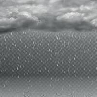 realista lluvia nube. oscuro Tormentoso cielo, que cae agua gotas, nubes y ondas en charcos lluvioso clima efecto aislado vector antecedentes