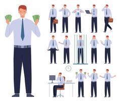 Flat office employee character working poses and gestures. Business man run with briefcase, sit at desk and think. Businessman vector set