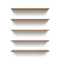 Realistic 3d empty wooden wall shelves for book display. Bookshelf mockup with wood texture. Grocery market racks front view vector template