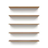 Realistic 3d empty wooden wall shelves for book display. Bookshelf mockup with wood texture. Grocery market racks front view vector template