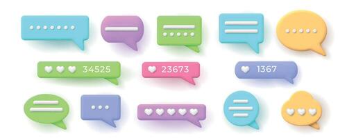 3d speech bubbles for chat messages and like button. Balloon with social network hearts rating. Conversation notification frame vector set