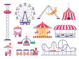 carnaval parque atracción conducir, tren, rodillo portavasos y caballo carrusel. diversión justo, carpa, carros y columpios dibujos animados festival vector conjunto