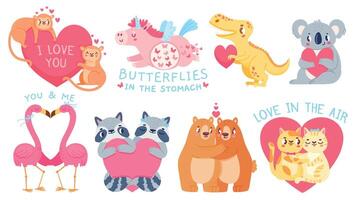 san valentin día animal parejas linda unicornio con mariposas, gatos, osos, coala y flamenco en amor. dibujos animados animales sostener corazón vector conjunto