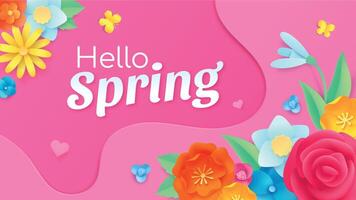 Hello spring banner with paper cut flower, leaf and butterflies. Frame template with floral decoration. Spring greeting card vector design