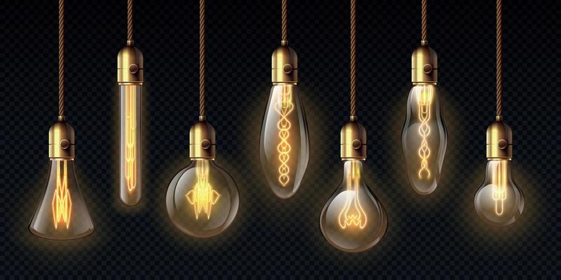 Edison light bulbs. Hanging vintage pendant copper lamps with glowing lightbulb filament. 3d decorative bulb on electricity wire vector set