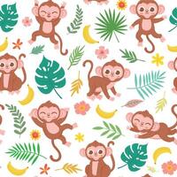 Seamless pattern with baby monkey, banana and tropical leaves. Cartoon childish jungle animal print for fabric. Cute monkeys vector texture