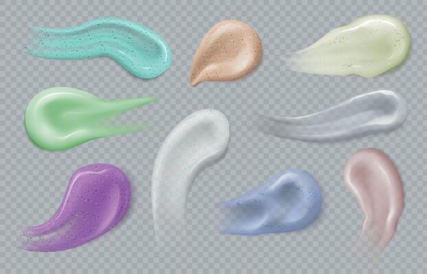 Gel smears. Cosmetic cream strokes, peeling scrub, mousse and lotion foam with bubbles. Realistic 3d skin care products swatches vector set