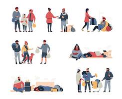 Homeless people. Cartoon poor family, hungry and dirty child man and woman begging and looking for food and shelter. Vector persons of poverty set