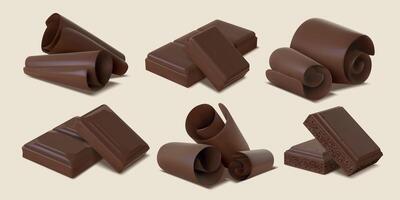 Realistic dark chocolate shavings, flakes, curls and bar pieces. 3d sweet cocoa candy spirals. Bitter or milk chocolate slices vector set