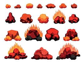 Cartoon burning bonfire with hot charcoal pieces for barbecue. Wood coal pile with flame for grill or bbq. Red heat coal for oven vector set