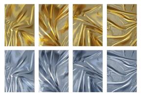 Realistic texture of crumpled silver and golden foil sheets. 3d shiny aluminum and gold material with folds. Luxury background vector set