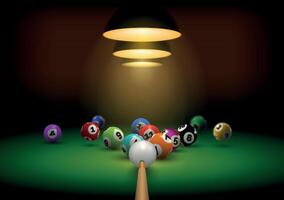 Billiard background with realistic cue hit gaming balls. Billiard room with green table and lights. Snooker or pool sport play vector banner