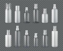 Spray bottles. Realistic cosmetic aerosol, deodorant or sprayer clear bottle package mockups. 3d plastic cream dispenser with cap vector set