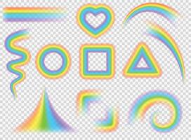 realista vistoso arco iris formas, líneas, olas y curvas. magia arco iris círculo, corazón, cuadrado marcos y espiral. orgullo símbolo vector conjunto