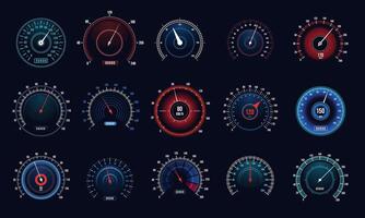 Car speedometers set. Speed measurement automobile indicator, futuristic display with counter and arrow. Vector set