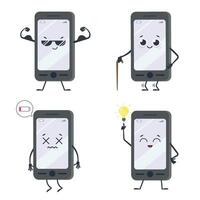 Cartoon smartphone character set of emotions, happy and upset vector