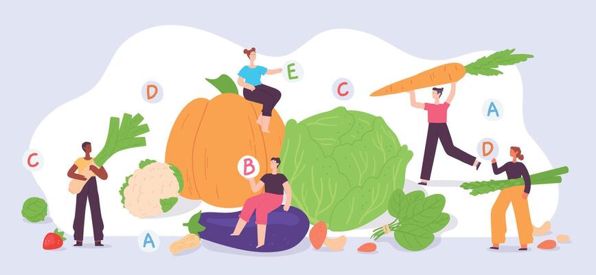 Healthy vegan food. Tiny people with vegetable and fruit. Fresh farm products. Flat vegetarian men and women on vitamin diet vector concept