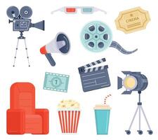 Flat movie watching and production element, cinema ticket, film and popcorn. Cartoon video camera, director megaphone and clapper vector set