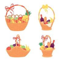 Gift basket. Wicker present full of fruits. Handmade container made of wicker with ribbon bow on handle vector