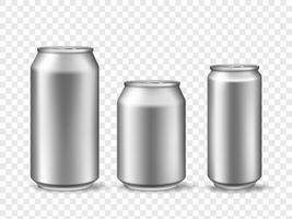 3d aluminum cans. Realistic can mockups in 3 size. Metallic tin for beer, juice, soda drink or lemonade. Canned beverage vector template set