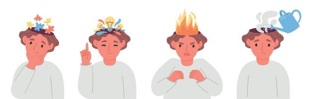 Work stages, creative thinking, stress and burnout problem. Worker on pressure with head on fire. Mentally exhausted employee vector concept