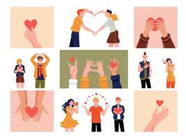 Hands with hearts. Cartoon support and charity concept with human hands and characters holding red hearts, charity and donation graphic. Vector isolated set