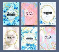 Watercolor marble posters. Abstract pastel texture with gold geometric frame and splash. Elegant template for cover or invitation vector set