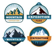 Mountain labels collection, expedition park and exploration vector