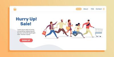 Shopping people landing page. Sale and discount web site template with running persons. Vector web page