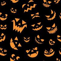 Scary faces pattern. Seamless print of Halloween pumpkin carving face with scary angry eyes and smiling mouth with teeth. Vector texture